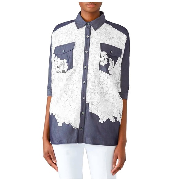 Badgley Mischka Tops - BADGLEY MISCHKA  Lace Chambray Button Down Top